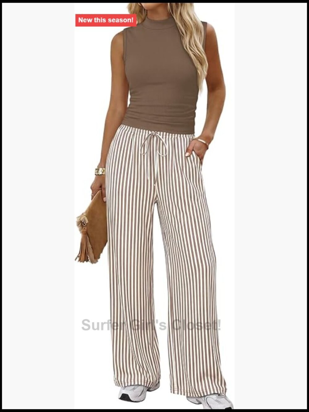 Mock Neck Sleeveless Ribbed Top & Wide Leg Pants Lounge Set (Lightweight, High